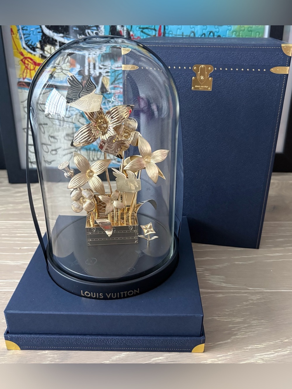 Louis Vuitton Gold Floral Dome Cloche with Navy Presentation Box